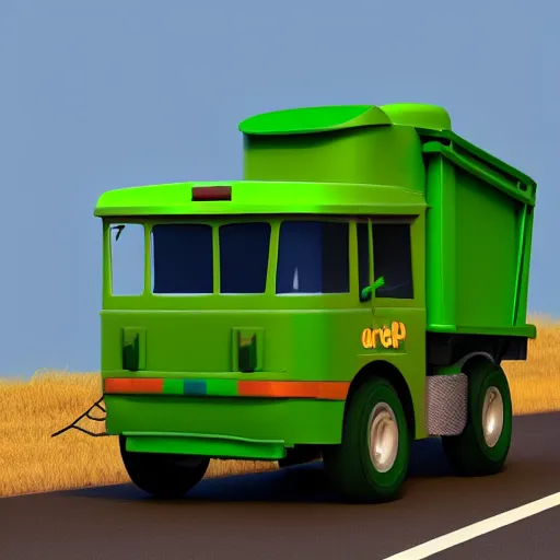 Image similar to garbage man mixed breed dog, green hat, green garbage truck, 3 d model, cartoony, pixar style, artstation, unreal engine, on the side of the road, sunrise, 4 k, ultra quality