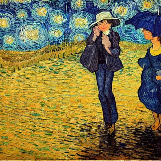 Image similar to girl with an umbrella girl with an umbrella. a walk inside a van gogh painting is a starry night. inside the painting. see everything from the inside. clearly detailed. dramatic.