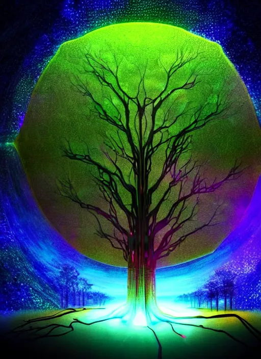 Image similar to high depth, collective civilization tree, calm, healing, resting, life, hybrids, scifi, glowing lights, published concept art, mixed medias, image overlays, sharp focus, winning illustration, eyes reflecting into eyes into infinity, singularity!!!, 3 6 0 projection, art in the style of all