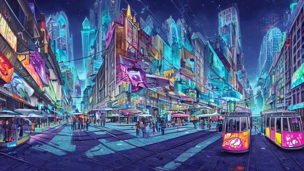 Image similar to plaza in the city at night by cyril rolando and naomi okubo and dan mumford and zaha hadid. flying cars. advertisements. neon. tram.