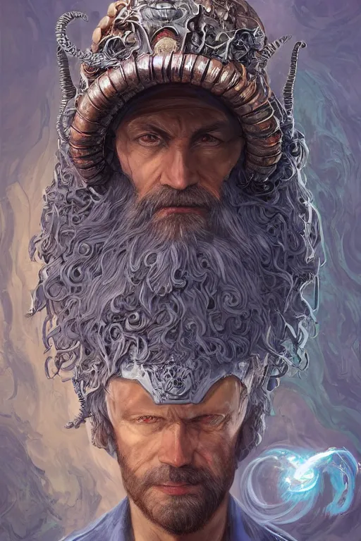 Image similar to portrait of the heteromorph ammonite wizard wearing the epic artifact ring headgear by artgerm and Craig Mullins, James Jean, Andrey Ryabovichev, Mark Simonetti and Peter Morbacher 16k