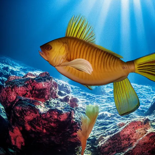 Image similar to photograph of a fish with human arms, under water, sunbeams