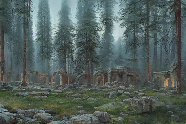 Prompt: beautiful ancient ruins in a swedish forest view, highly detailed, very realistic, intricate, soft lighting, very wide shot, digital painting by simon stålenhag