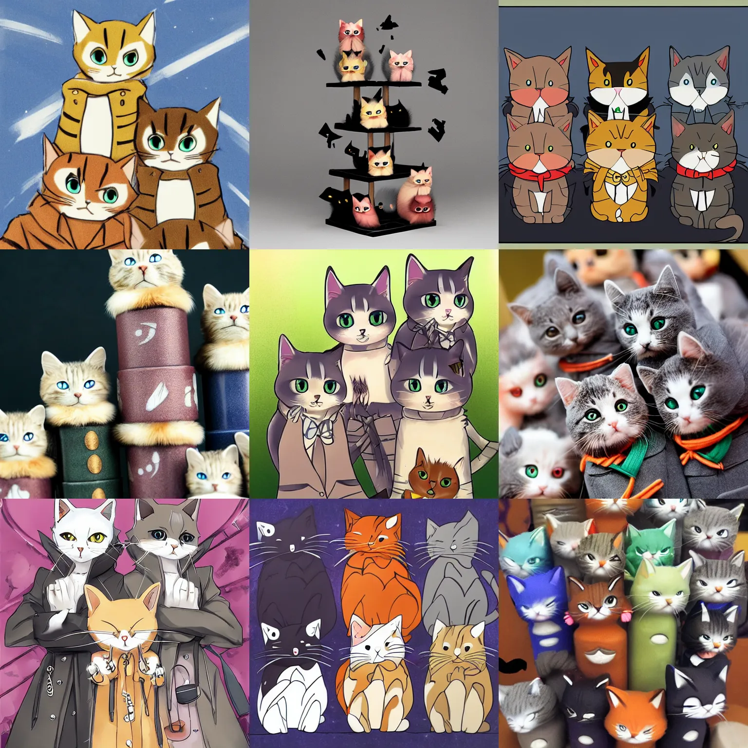 Prompt: anime stack of cat totems huddled in a trenchcoat