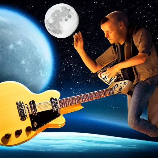 Image similar to a photo of a detailed, realistic, regular sized, sitting idle fender electric guitar next to a sitting idle beer can with an astronaut sitting down on the moon surface. detailed photo. realistic photo. cinematic. cinematic shot