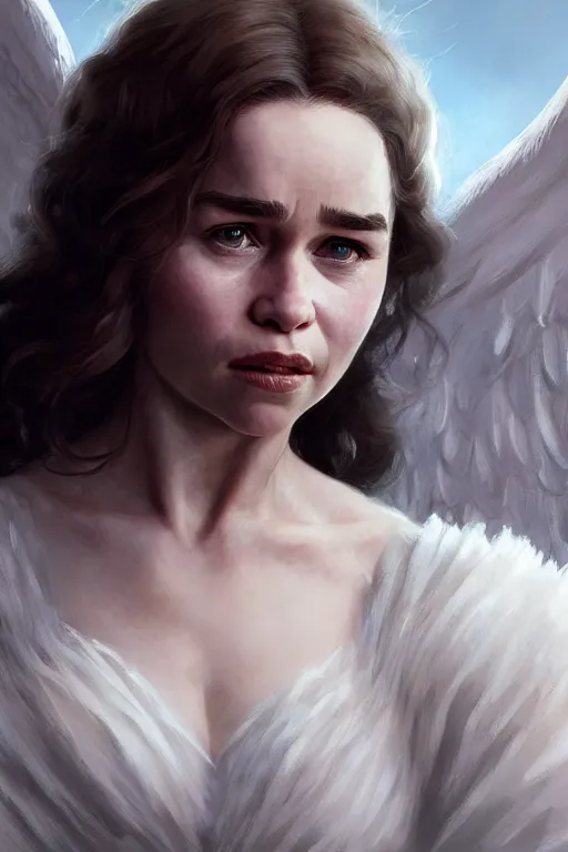 Image similar to Emilia Clarke as an Angel, anatomy, only two hands, highly detailed, digital painting, artstation, concept art, smooth, sharp focus, illustration, Unreal Engine 5, 8K, art by art by artgerm and greg rutkowski and edgar maxence