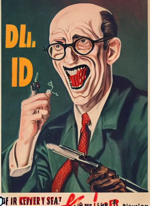 Prompt: creepy Dr. Kleiner from Half Life with a scary comically large smile, 1940s scare tactic propaganda art