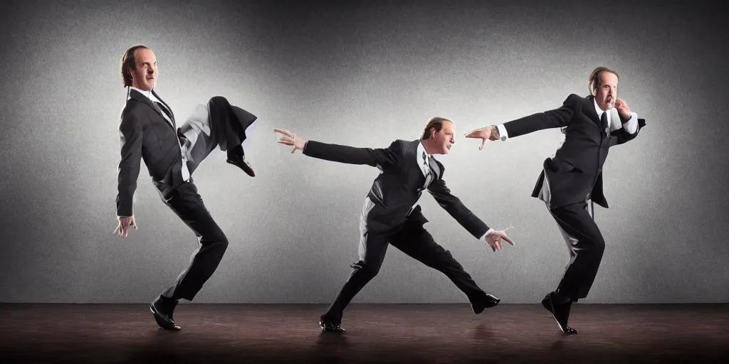 Prompt: a photo of saul goodman dancing, studio photo, beautiful, stunning scene, hdr, award winning photo