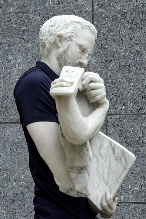 Image similar to marble sculpture of a man holding a marble phone to take a selfie