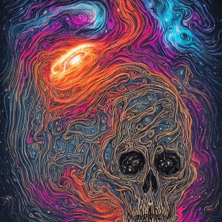 Image similar to a giant skull with deep and intricate rune carvings and glowing eyes with thick lovecraftian tentacles emerging from a space nebula by dan mumford, twirling smoke trail, a twisting vortex of dying galaxies, digital art, photorealistic, vivid colors, highly detailed, intricate