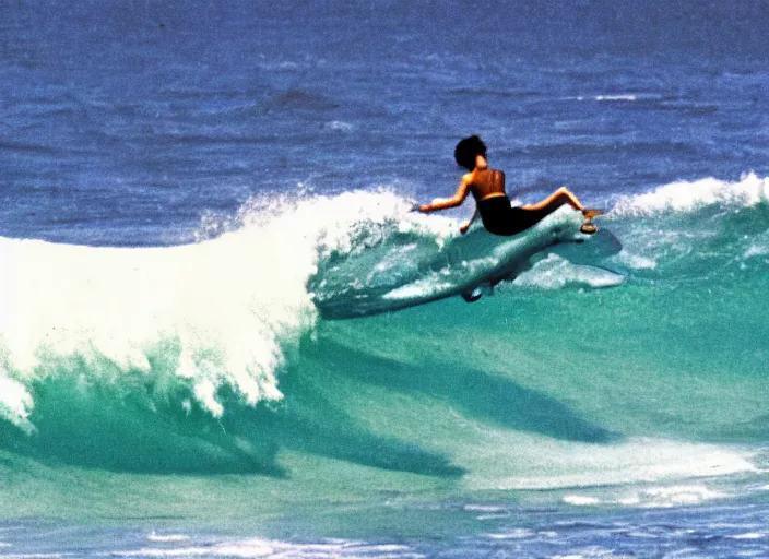 Image similar to color photo of a shark fin in the water and a surfergirl riding a big wave in the 8 0's