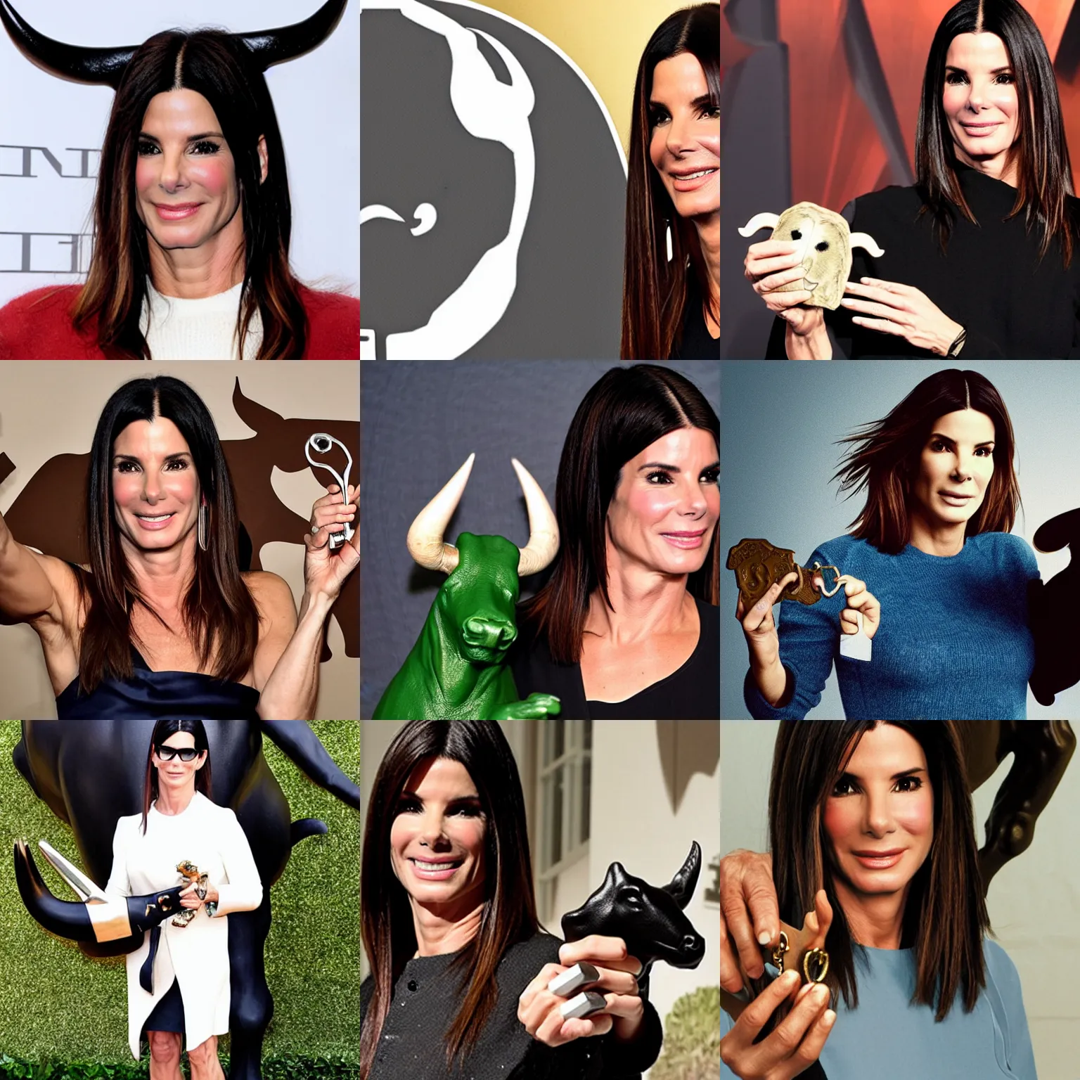 Prompt: sandra bullock holding a key in the shape of a bull,