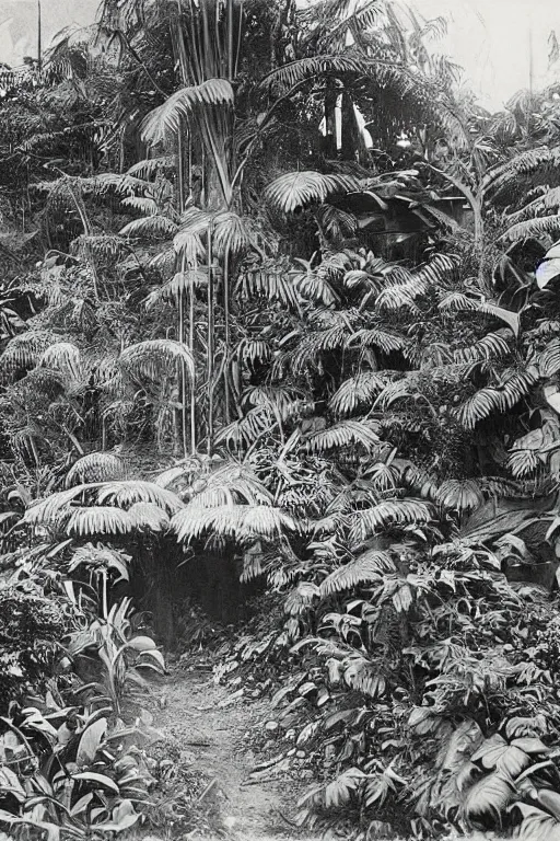 Prompt: alien buildings inside a jungle, black and white photography, year 1 9 0 0