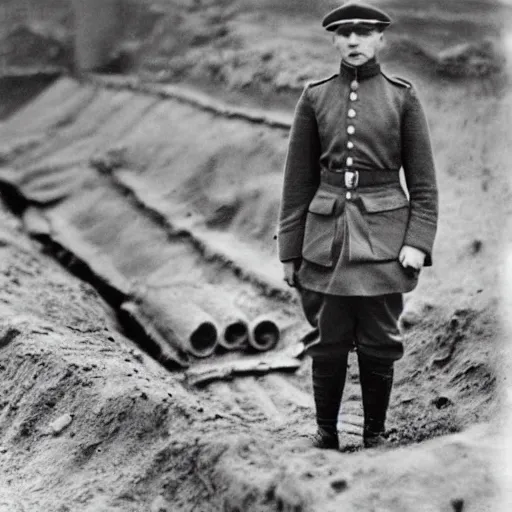 Prompt: a black and white grainy photograph of a guinea pig standing in a ww1 trench, it's wearing a russian ww1 uniform