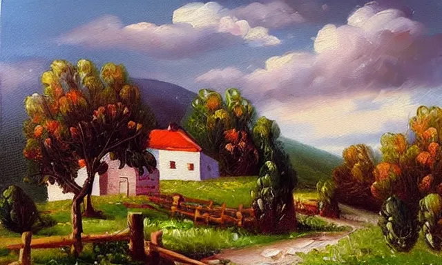 Prompt: beautiful landscape of Russian village, sunny and little cloudy, oil painting, high quality