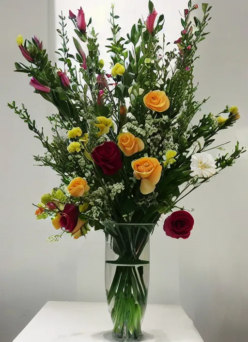 Prompt: flower arrangement, elegant, advanced, difficult, suitable flower, suitable vase, suitable color