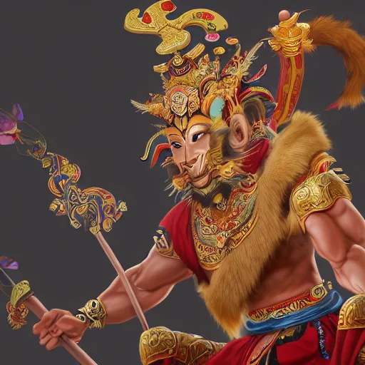 Prompt: a fantasy thangka of wukong by wu daozi, HD, 8k, vray,