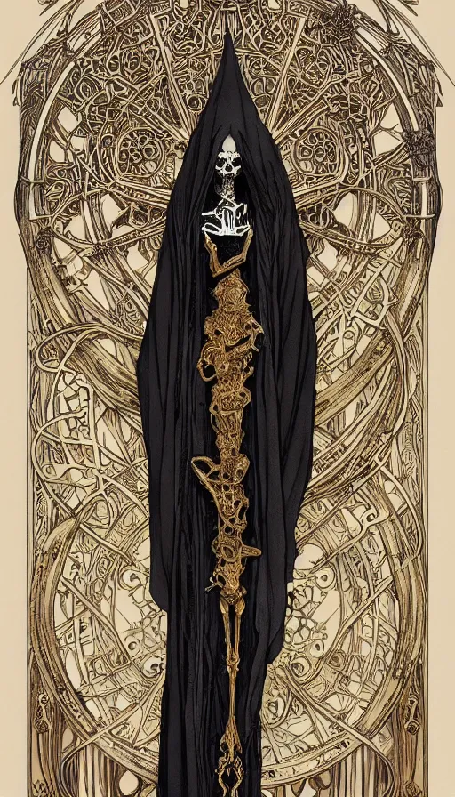 Image similar to a skeleton in a black cloak, highly detailed, very intricate, art nouveau, gold filigree, left right symmetry, tarot concept art watercolor illustration by mandy jurgens and alphonse mucha and alena aenami, featured on artstation