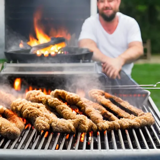 Prompt: wooly dogs grilling steaks on a summers evening hyper realistic