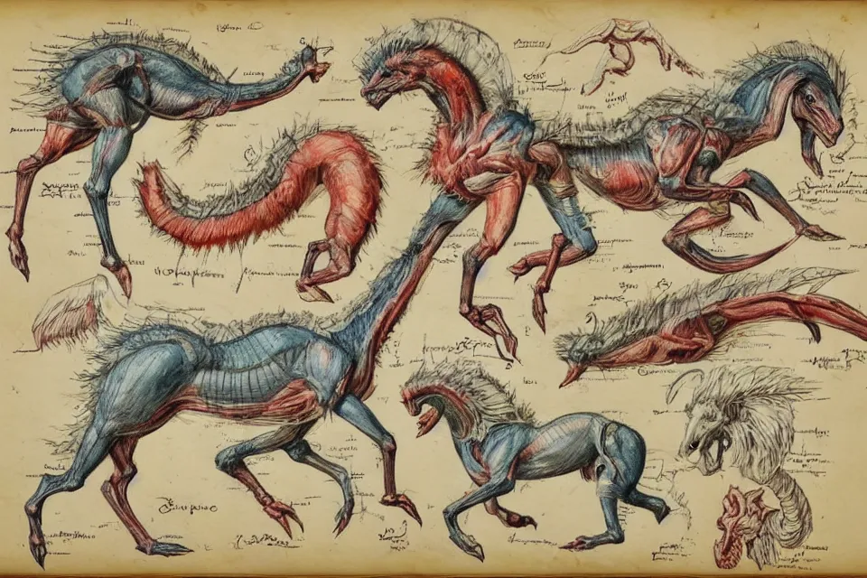 Image similar to Vintage, detailed, colored sketch of mythical creature anatomy, full body, with full descriptions, on parchment.