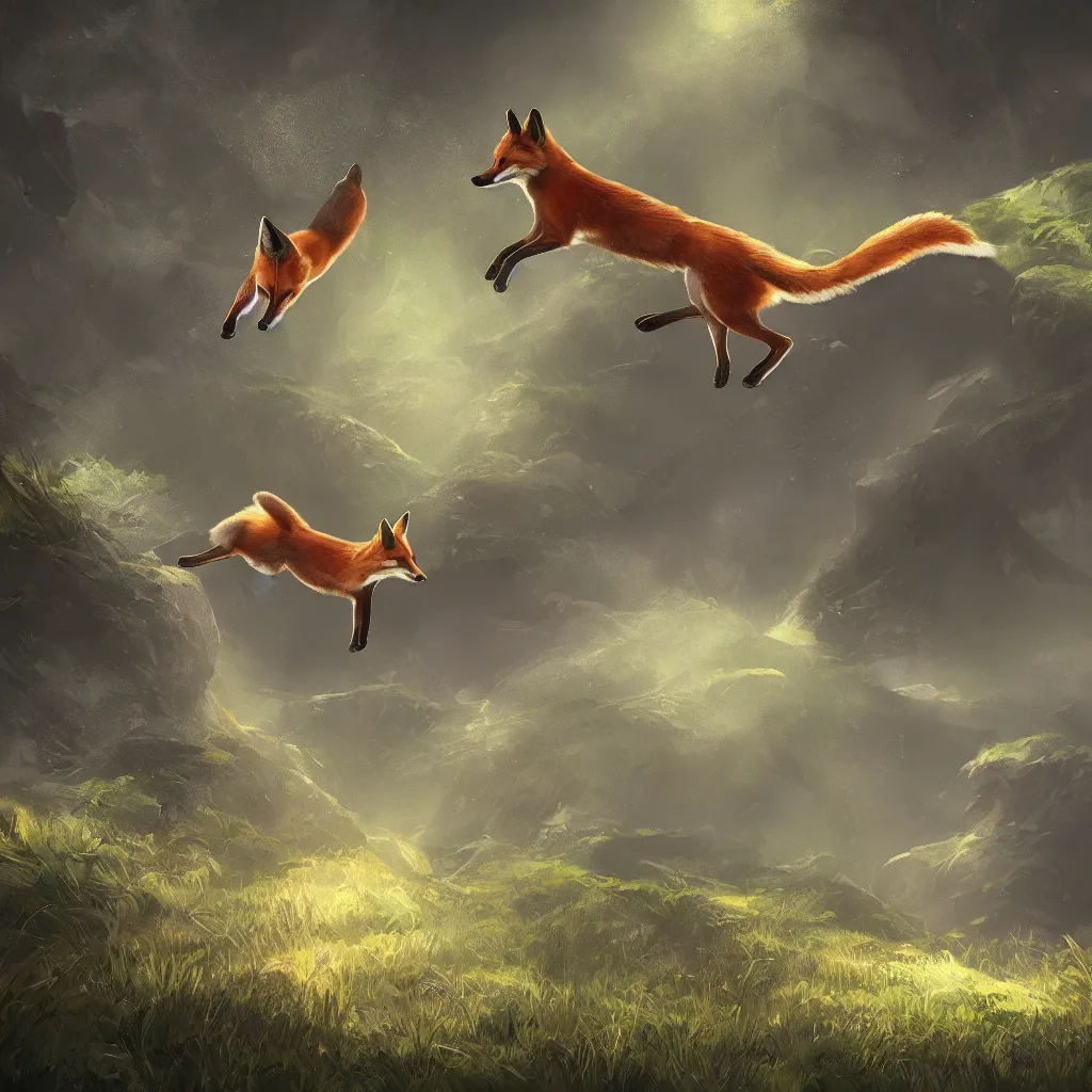 Image similar to fox flying through landscape, concept art, cinematic lighting, artstyle isaiah saxon