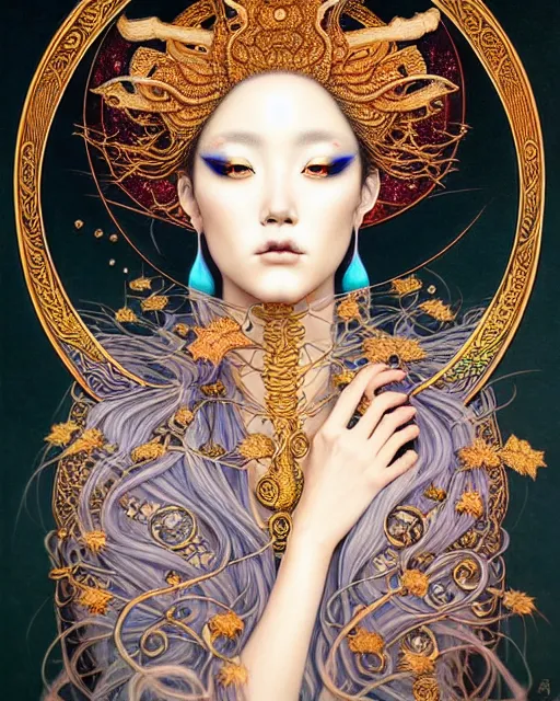Prompt: portrait of a beautiful moon goddess, unusual beauty, esoteric, other worldly colors, head in focus, fantasy art, ornamental aesthetics, intricate, elegant, highly detailed hyperrealistic painting, artstation, concept art, painterly, sharp focus, illustration, art by chie yoshii