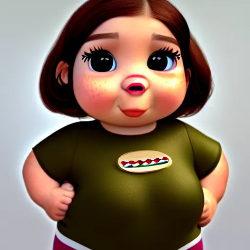 Prompt: A portrait of a chubby woman, a cute 3d cgi toon woman with brown hair in a Bob, brown eyes, full face, olive skin, romanian heritage, cute outfit, medium shot, mid-shot, hyperdetailed, 8k, trending on artstation, as a Pixar character