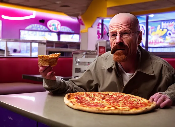 Image similar to cinematic portrait of walter white eating pizza at chuck - e - cheese, with sloppy cheesy sauce getting slopped up all over the place, dramatic lighting, moody film still from breaking bad ( 2 0 1 6 ), 3 5 mm kodak color stock, detailed face, 2 4 mm lens, directed by spike jonze, ecktochrome