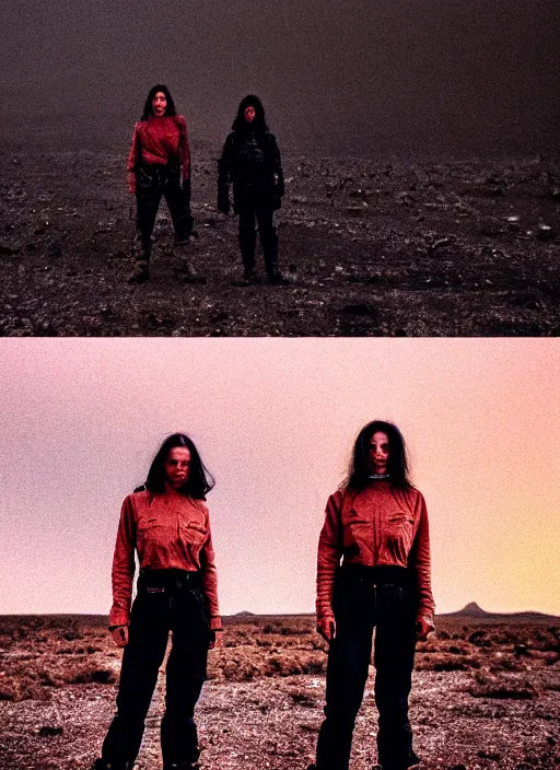 Image similar to cinestill 5 0 d photographic portrait of two loving clones, beautiful women wearing rugged black techwear on a desolate plain with a red sky, extreme closeup, lizard on ground, cyberpunk style, in front of a brutalist dark metal facility, dust storm, 3 5 mm, 8 k, f / 3 2, high resolution, ultra realistic faces