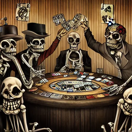 Image similar to a group mafia of skeletons playing cards, gambling, drinking alcohol and smoking around a round table, decade 20s, old film, digital fantasy art, trending in deviantart, hyperdetailed, high quality, cinematic