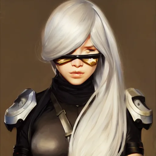 Image similar to greg manchess portrait painting of a 2 yorha type a no. 2 as overwatch character, white long hair, organic painting, sunny day, matte painting, bold shapes, hard edges, street art, trending on artstation, by huang guangjian and gil elvgren and sachin teng