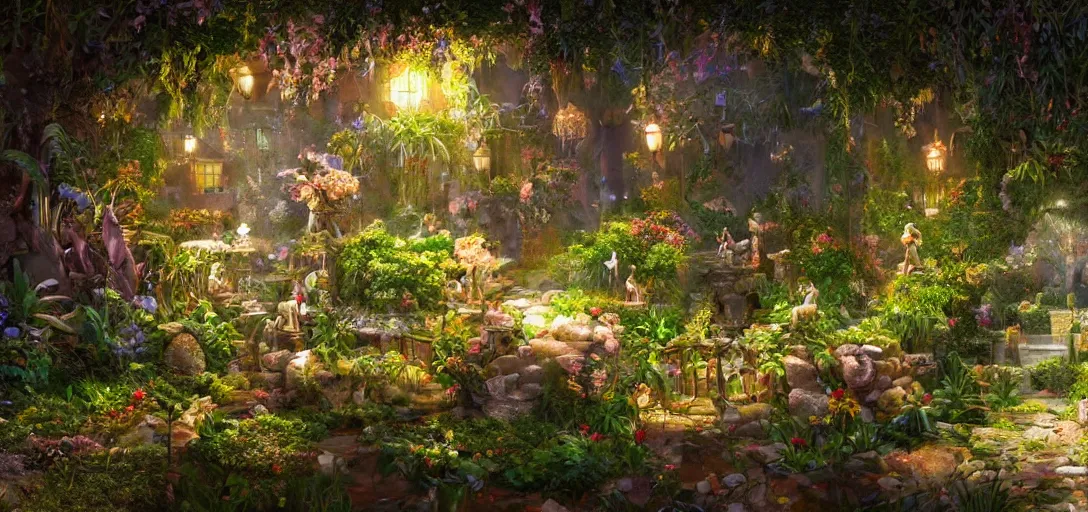 Prompt: beautiful a magic garden, with monkeys, diamonds and scissors, details, smooth, sharp focus, illustration, realistic, cinematic, artstation, gold, ornate, award winning, original modern artwork, rgb ethereal lighting, 8k