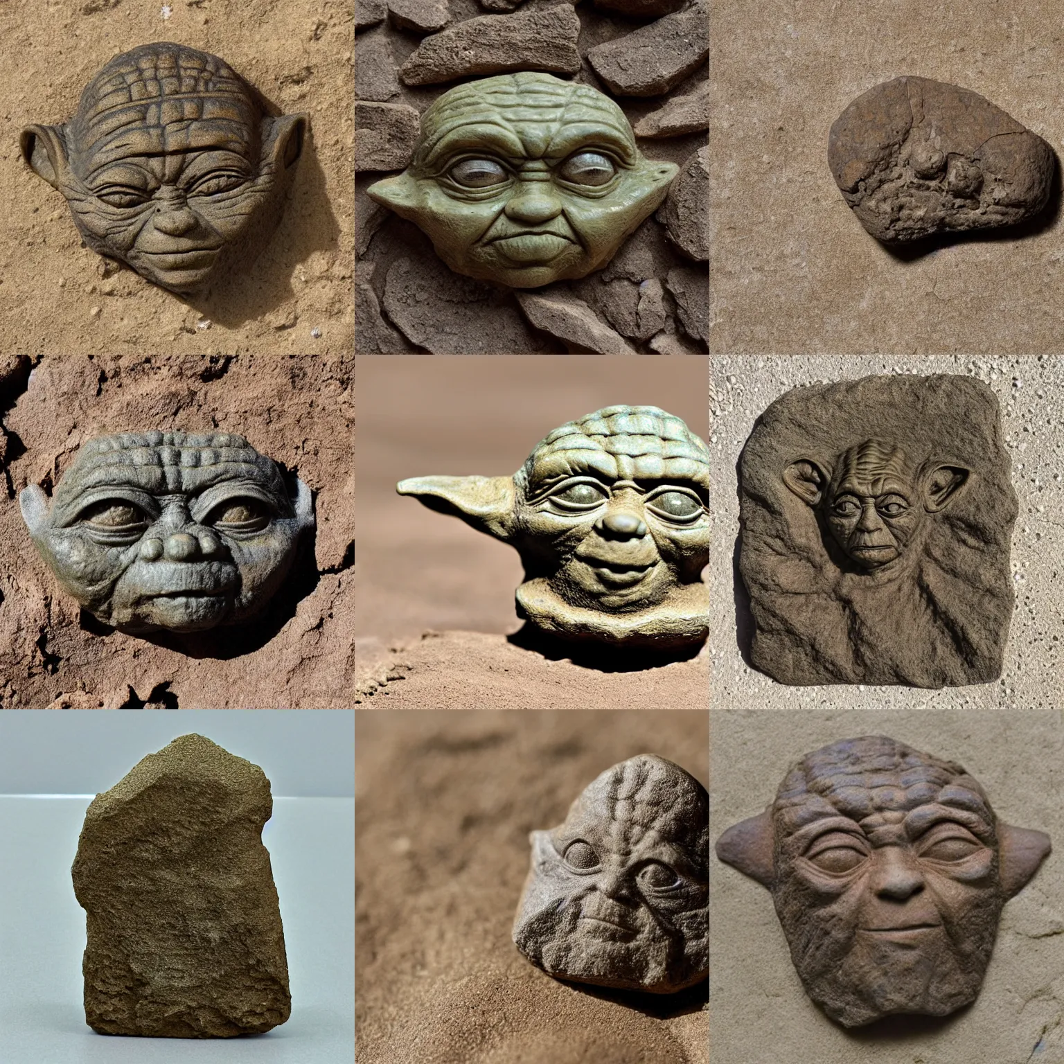 Prompt: Fossil of Yoda, brownish old fossil remnant, rock, brownish fossil