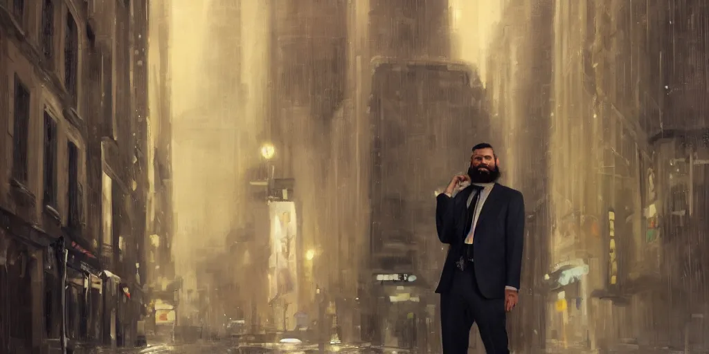 Image similar to beautiful oil matte portrait painting, bearded man in a suit leaning back against a wall in a new york city street at night, detailed face, wonderful masterpiece highly detailed, beautiful cinematic light deep focus, elegant, digital painting, smooth, sharp focus, golden ratio, dramatic illumination, ultra realistic, 8 k, art by jimmy law