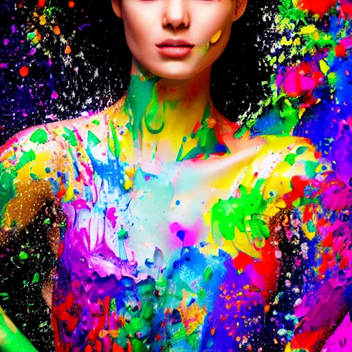 Image similar to potrait of a female model get splash with paint liquid , commercial ads