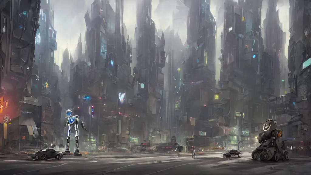 Prompt: Amazing digital concept art of a guardian robot in a futurstic city, by James Clyne and Joseph Cross. Cinematic, video game concept art. Wide angle. Clean lines. Balanced composition.