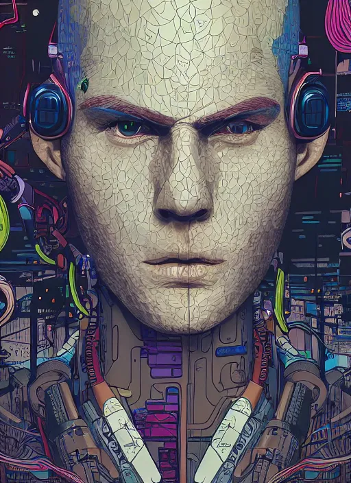 Prompt: portrait, cyberpunk hero, floating detailes, very detailed face, leaves by miyazaki, colorful palete illustration, kenneth blom, mental alchemy, james jean, pablo amaringo, naudline pierre, contemporary art, hyper detailed