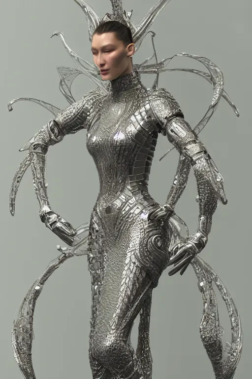 Prompt: a highly detailed 4 k render of a beautiful tall alien goddess bella hadid in iris van herpen dress armor schiaparelli in diamonds and jewelry in style of alphonse mucha trending on artstation made in unreal engine 4