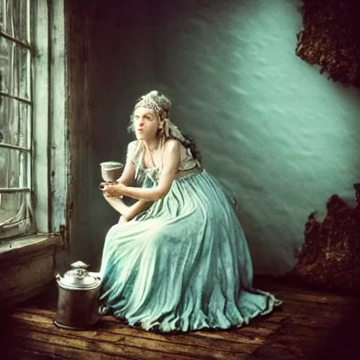 Image similar to A 18th century, messy, silver haired, (((mad))) elf princess (similar to young Kate Winslet), dressed in a ((ragged)), wedding dress, is ((drinking a cup of tea)). Everything is underwater and floating. Greenish blue tones, theatrical, (((underwater lights))), high contrasts, fantasyconcept art, inspired by John Everett Millais's Ophelia