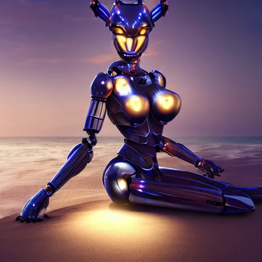 Image similar to high quality realistic shot of a beautiful and stunning anthropomorphic female robot dragon, sitting on the beach at night, high quality digital art, 3D, artstation, deviantart, furaffinity