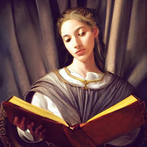 Prompt: centered painted portrait, scholar reading the bible, lord of the rings, tolkien, matte painting concept art, baroque, beautifully backlit, swirly vibrant color lines, fantastically gaudy, aesthetic octane render, 8 k hd resolution, by caravaggio and diego velazquez