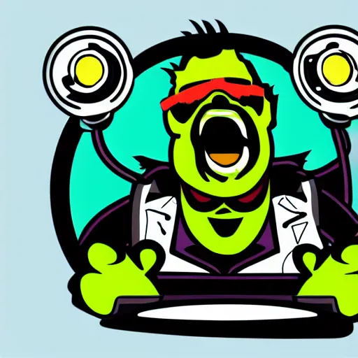 Image similar to svg vector sticker of absolutely insane-mad-scientist-villain, rocking out, wearing headphones, huge speakers, dancing, rave, DJ, spinning records, digital art, amazing composition, rule-of-thirds, award-winning, trending on artstation, featured on deviantart