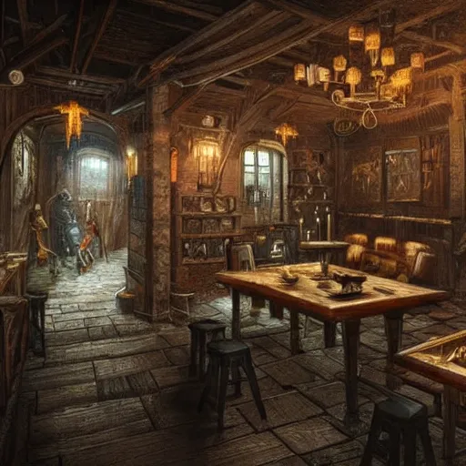 Prompt: Interior design Tavern in Mixed style of Medieval and in style of Cyberpunk, Many details