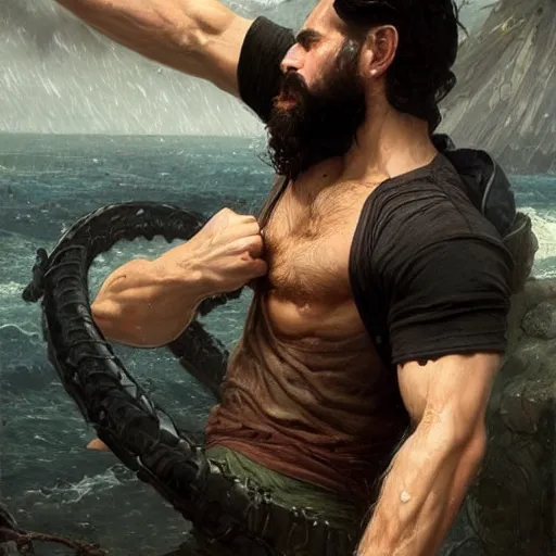 Image similar to a chad with wavy black hair and a beard. muscular. godlike. tank top. using a computer., picture by greg rutkowski, dynamic pose, intricate, futuristic, fantasy, elegant, by stanley artgerm lau, greg rutkowski, thomas kindkade, alphonse mucha, loish, norman rockwell,