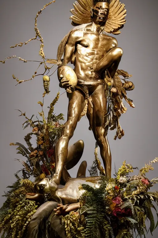 Image similar to Jean-Michel Basquiat as a bronze full-body statue of Icarus in the position of spreading his arms like a bird , glowing quartz crystal skull, wreath of ferns, flowing sakura-colored silk, fabric, flowers. baroque elements, human skull. full-length view. baroque element. intricate artwork by caravaggio. many many birds birds on background. Trending on artstation. halo. octane render, cinematic, hyper realism, octane render, 8k, depth of field, 3D