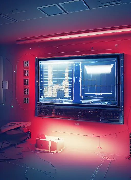 Image similar to photorealism of monitor on the wall of a room of a spacecraft with user interface display, red tones, biomechanical, ads concert rock, high resolution, hyper realistic sci fi realistic, octane render, hyper realistic, ambient lighting, blade runner film style, canon eos ef 5 0 mm.