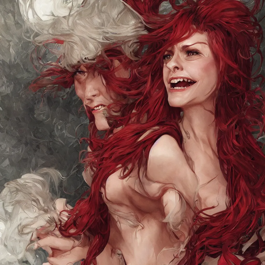 Image similar to middle-aged witch, grinning, foxy, sharp features, big whitened hair, sleeveless red dress, highly detailed, digital painting, artstation, concept art, smooth, sharp focus, beautiful face, expressive eyes, illustration, art by Artgerm and greg rutkowski and alphonse mucha