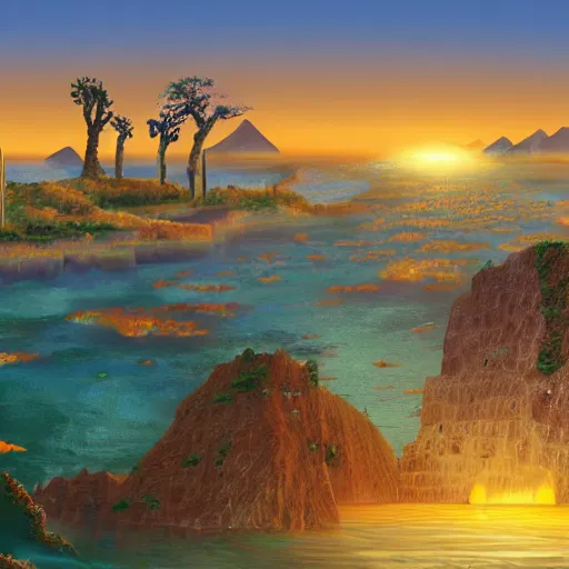 Image similar to the glory of old atlantis, which is an island in the middle of the Atlantic the size of Libya, with hills, mountains, a sun setting, fields being worked, oceans in the background, many tall trees, and a bit of desert in the scene. The civilization of atlantis has developed ancient advanced technologies such as mining, farming and medicine, in a surreal, abstract style