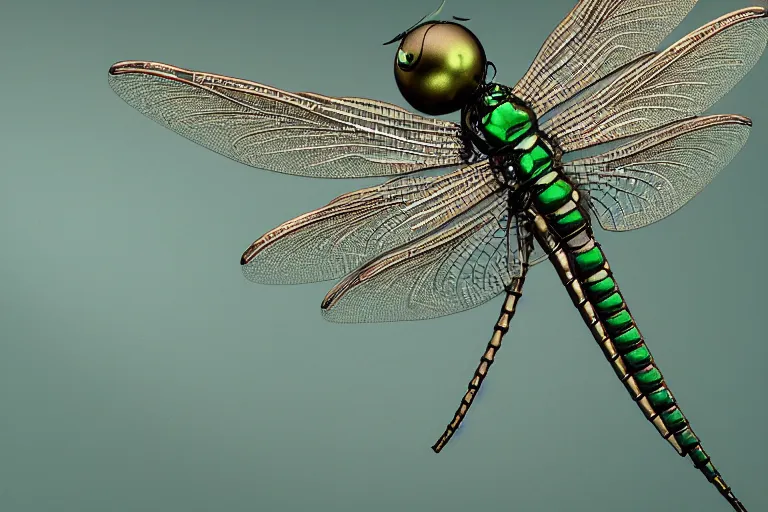 Prompt: dragonfly with metallic armor with filigree wings taking off a green leaf, steampunk style, octane renderer, macro shot, highly detailed, ultra realistic 4K, depth blur