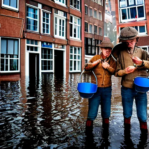 Image similar to closeup potrait of Dutch people with buckets in a flood in Amsterdam, photograph, natural light, sharp, detailed face, magazine, press, photo, Steve McCurry, David Lazar, Canon, Nikon, focus